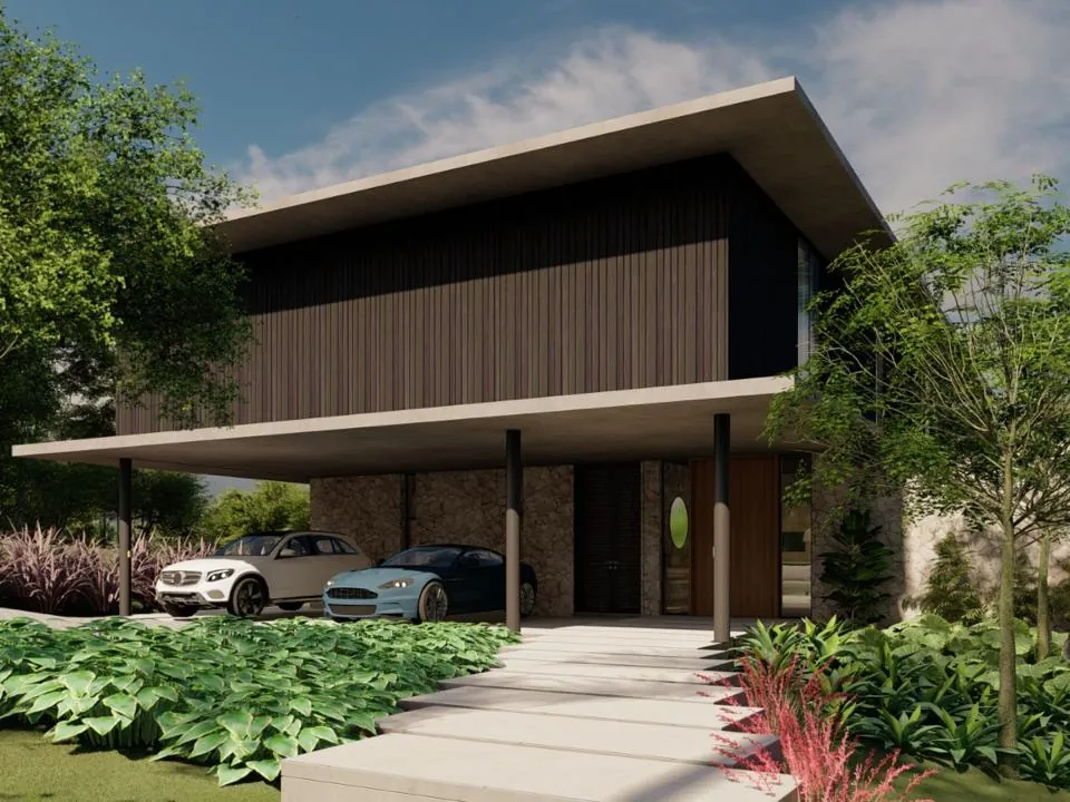 Projeto em 3D de casa térrea em madeira e concreto com jardim