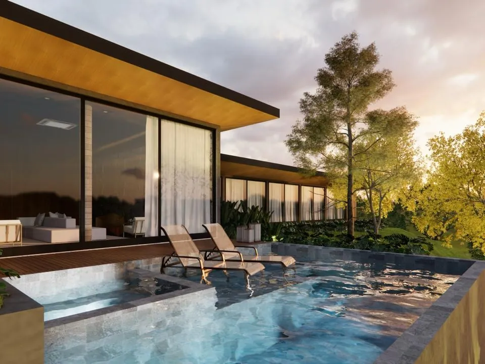 Projeto em 3D de casa com piscina de borda e área envidraçada
